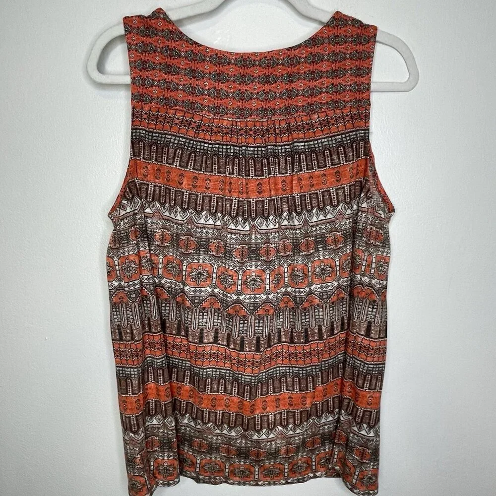 Lucky Brand Boho Top M Sleeveless V-Neck Cord Western Southwestern Tribal Orange - Picture 2 of 10